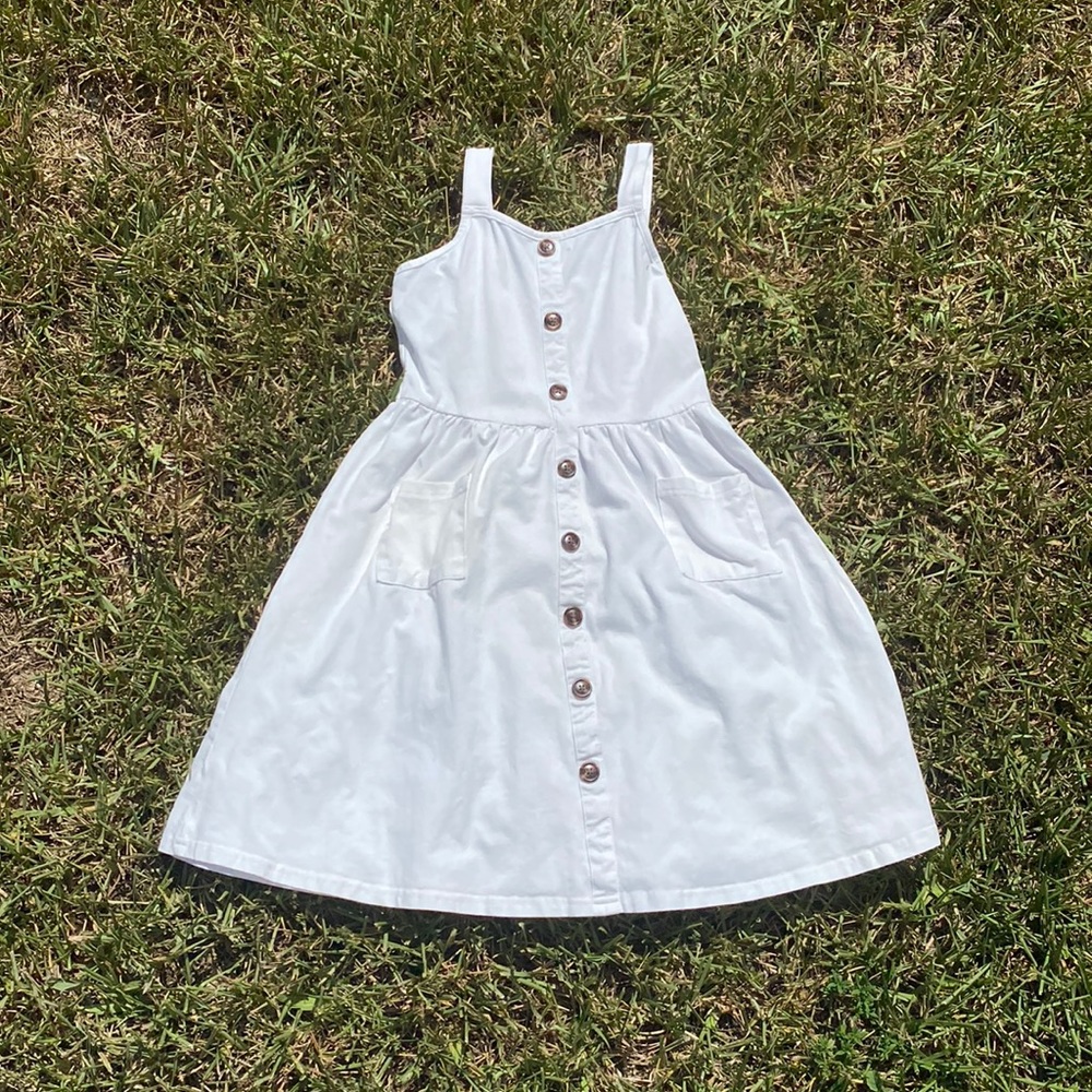 White Kids Button Up Dress With Pockets